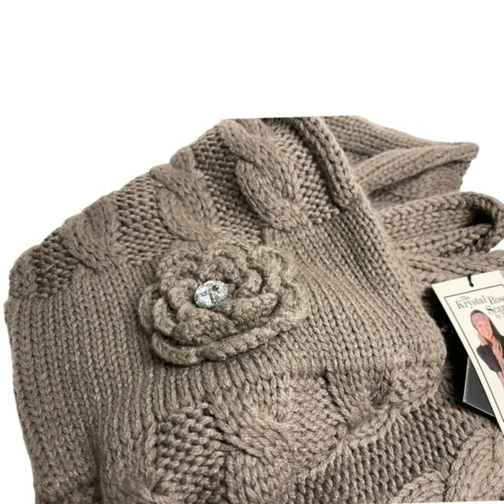 NEW Noelle Taupe Brown Krystal Rose Scarf Cable Knit Rhinestone Flower Coquette
